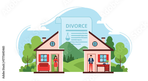 Flat vector of split house interior symbolizing property division after divorce, law and emotional distance theme