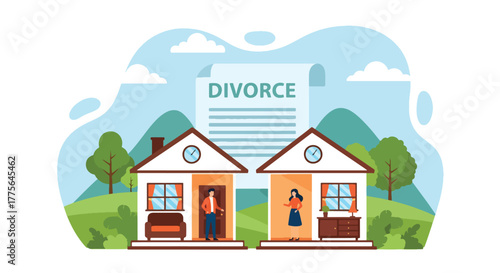 Flat vector of split house interior symbolizing property division after divorce, law and emotional distance theme