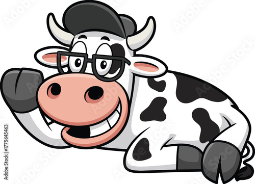 Funny cartoon cow mascot wearing glasses and black hat smiling happily, cute dairy animal character illustration isolated on white background