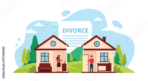 Flat vector of split house interior symbolizing property division after divorce, law and emotional distance theme