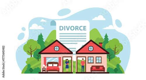 Flat vector of split house interior symbolizing property division after divorce, law and emotional distance theme