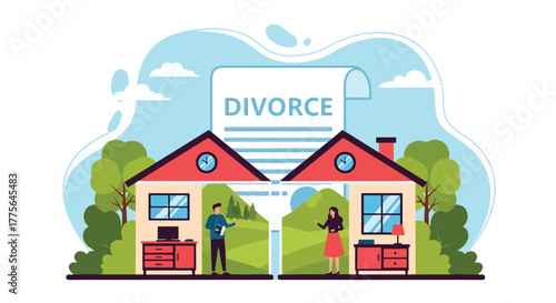 Flat vector of split house interior symbolizing property division after divorce, law and emotional distance theme