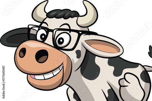 Funny cartoon cow mascot wearing glasses and black hat smiling happily, cute dairy animal character illustration isolated on white background
