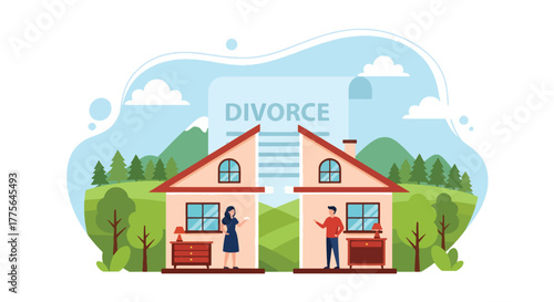 Flat vector of split house interior symbolizing property division after divorce, law and emotional distance theme