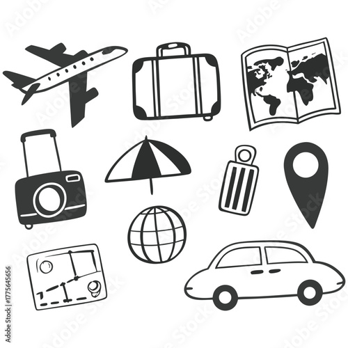 Black and white travel vector icons including plane, suitcase, map, and passport. Great for tourism apps, travel blogs, booking platforms, and travel branding materials.