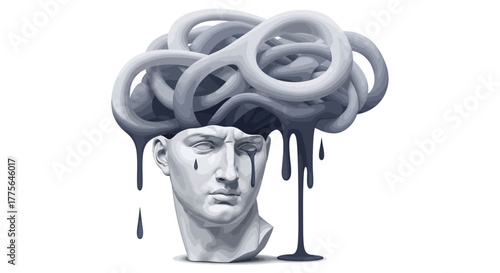 Surreal vector illustration of plaster head with abstract liquid shapes symbolizing mental fog and emotional weight on white background