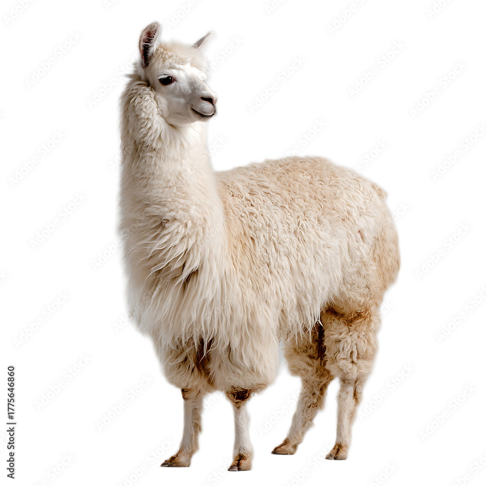 Obraz premium A full shot of a fluffy white llama standing against a black background in a studio setting