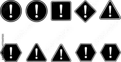 Set of round, square, rhombic, triangular and hexagonal black road signs with exclamation point. Caution sign. Vector icons for warning about the situation on the road. White isolated background