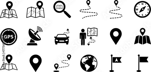 Set Road traffic sign, Location on the globe, Folded map with location marker, Route, City navigation, Map pin and icon. Vector
