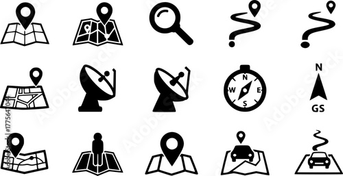 Set Road traffic sign, Location on the globe, Folded map with location marker, Route, City navigation, Map pin and icon. Vector
