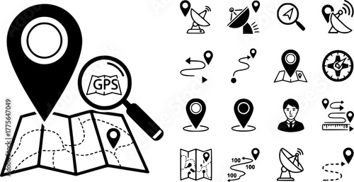 Set Road traffic sign, Location on the globe, Folded map with location marker, Route, City navigation, Map pin and icon. Vector
