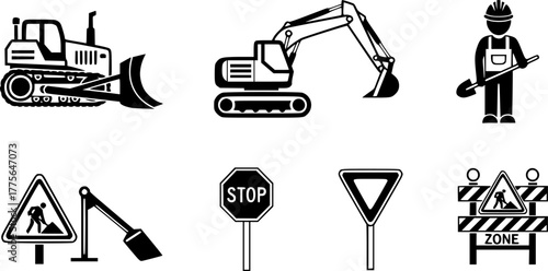 Construction and road works icons including bulldozer, excavator, worker, and traffic signs in simple black and white vector style.
