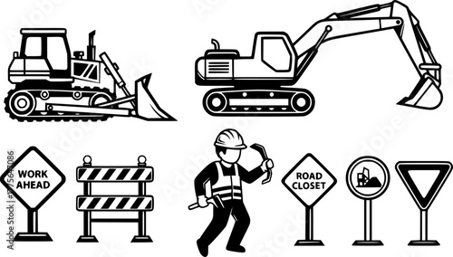 Construction and road works icons including bulldozer, excavator, worker, and traffic signs in simple black and white vector style.
