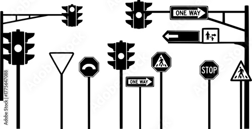 Minimalist black silhouettes of urban city street signs and traffic lights for design silhouette vector illustration white background
