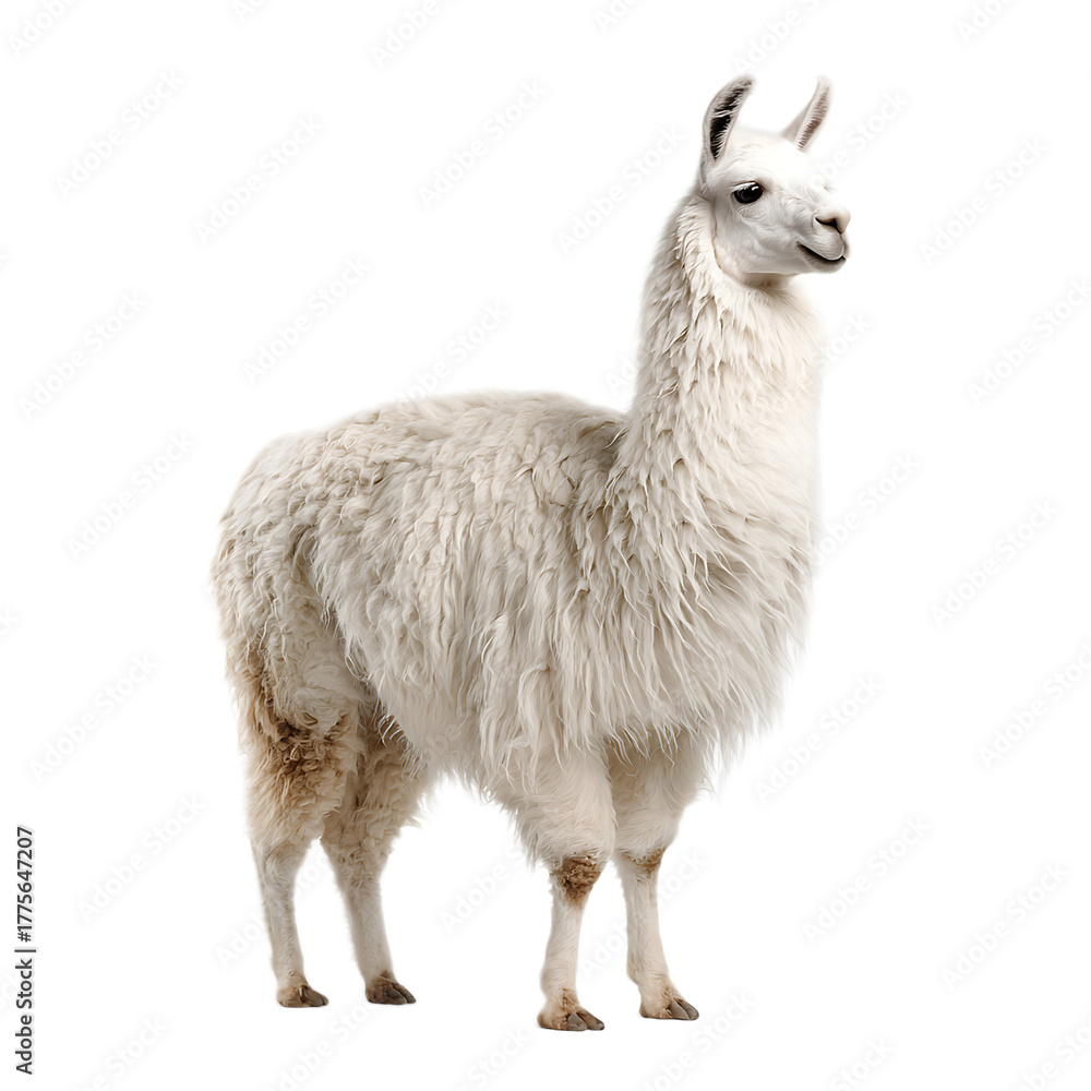 Naklejka premium A full body portrait of a white llama standing against a plain black background in a studio shot