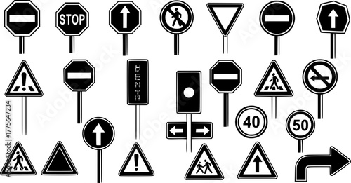 Vector illustration depicting an assortment of black and white road signs with various shapes and symbols

