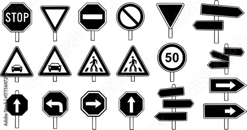 Vector illustration depicting an assortment of black and white road signs with various shapes and symbols
