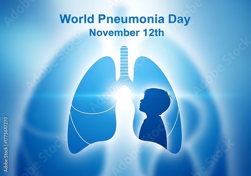 World pneumonia day illustration with lungs and child silhouette on blue background
