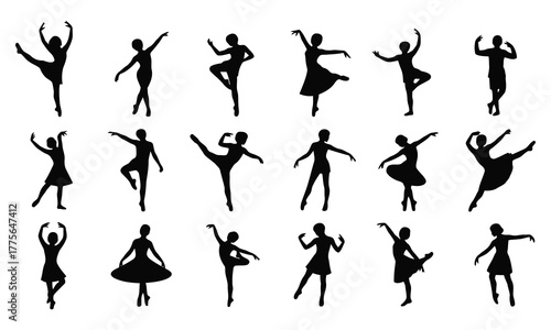 Diverse ballet dancer poses silhouettes vector illustration
