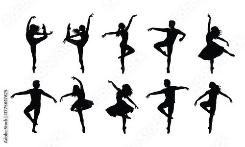 Silhouettes of male and female ballet dancers performing
