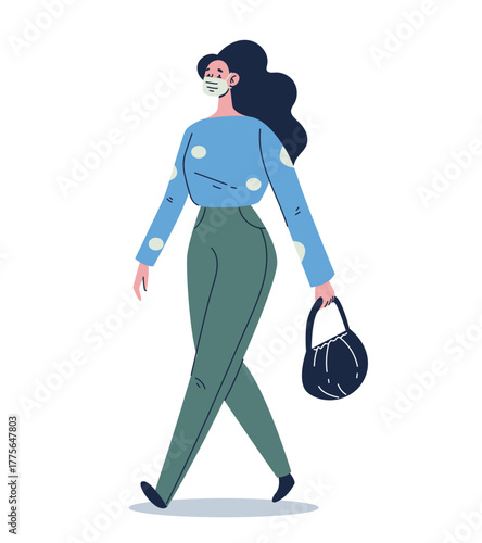 People wearing protective masks in polluted dirty microbe air in city. Vector graphic simple doodle line art outline design illustration