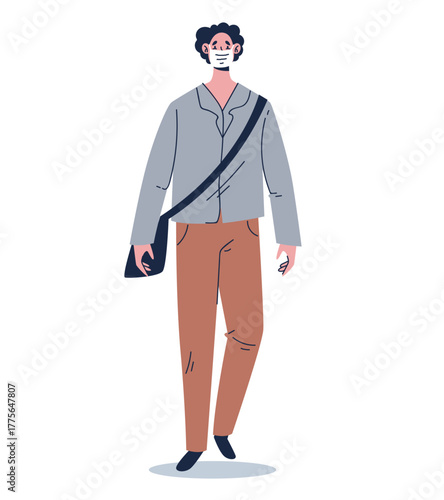 People wearing protective masks in polluted dirty microbe air in city. Vector graphic simple doodle line art outline design illustration