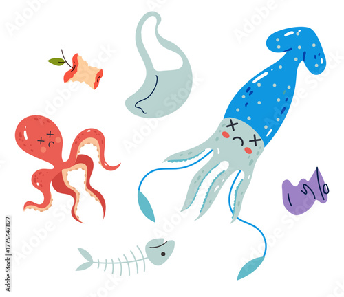 Sea ocean garbage marine trash polluted concept. Vector graphic design illustration