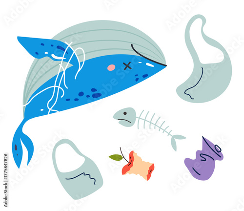Sea ocean garbage marine trash polluted concept. Vector graphic design illustration