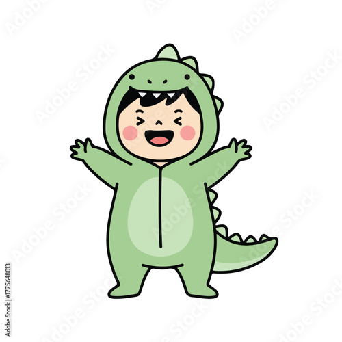 Cute Kid Wearing Dinosaur Costume – Fun Dress Up Vector Illustration