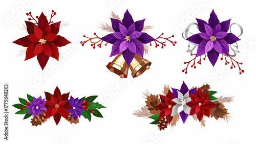 Collection of festive christmas poinsettia floral arrangements with pine cones bells and berries for holiday decoration
