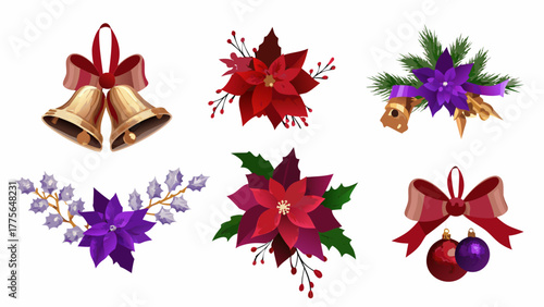 Collection of festive christmas decorations including poinsettias bells bows ornaments and pine branches on a white background