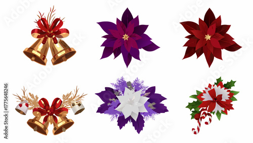 A festive collection of christmas decorations including golden bells poinsettias in red purple and white and candy canes on a white background