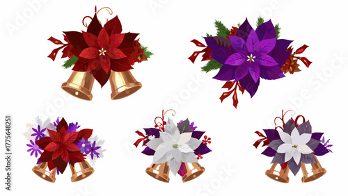 Festive christmas bells adorned with red purple and white poinsettias and pine sprigs for holiday decorations