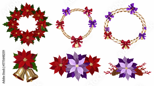 Collection of festive christmas decorations featuring poinsettias bells bows and pinecones in red purple and gold colors