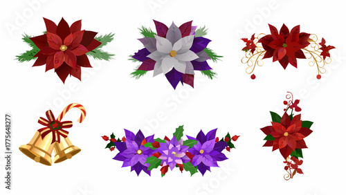 Collection of festive christmas floral arrangements and decorations including poinsettias bells and candy canes