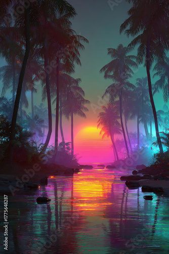 Cyber sunset with palm trees over the water.