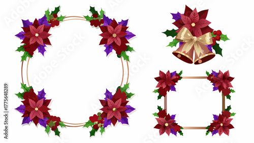 Festive christmas decorations featuring poinsettias holly berries and bells arranged in decorative frames and borders