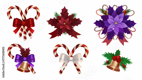 Collection of festive christmas decorations including candy canes poinsettias bells and holly sprigs with bows on a white background