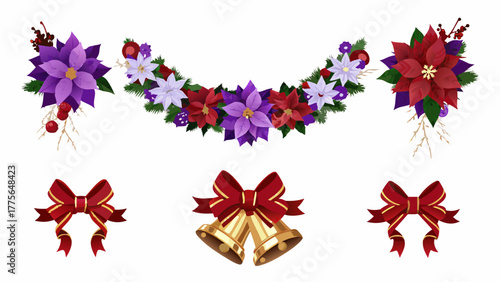Festive christmas floral garland with red and purple poinsettias and golden bells with red bows