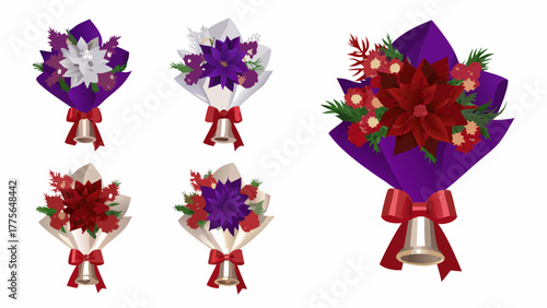 Collection of five festive christmas bouquets featuring poinsettias bells and red bows on a white background