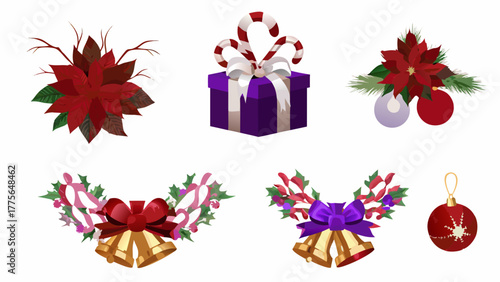 Collection of festive christmas decorations including poinsettias candy canes gift boxes ornaments and golden bells with bows