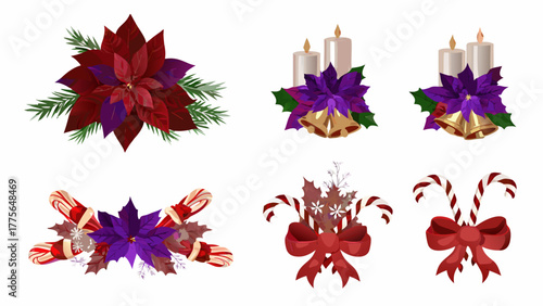 Festive christmas and holiday decorative elements featuring poinsettias bells candles candy canes and pine sprigs