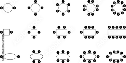 Seat plan icon set, interior design, House, restaurant, conference, school, top view, chair and table, architectural plan with blueprint, customizable stroke, vector, illustration