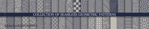Collection of seamless striped geometric patterns. Abstract repeatable digital backgrounds. Elegant blue and beige stylish fabric decorative textures