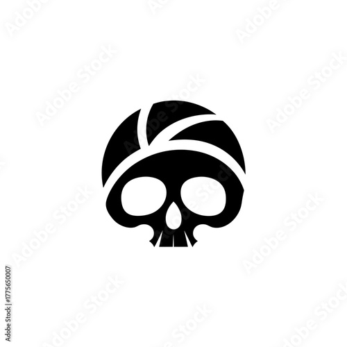Stylized skull with head covering black and white on transparent background silhouette