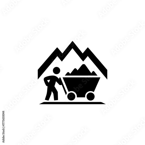 Silhouette of miner pushing cart under mountain peak on transparent background