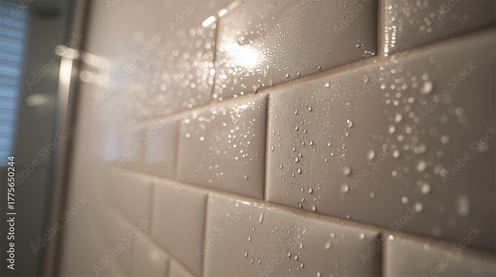 Obraz premium White tiled wall with water droplets reflecting light, creating fresh and clean atmosphere. grout lines are visible, adding texture to image. scene suggests recently cleaned or wet surface
