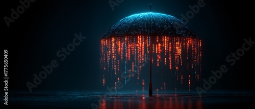 Glowing umbrella shields against digital data storm, with vibrant red and blue lights cascading down in dark, futuristic setting. scene evokes sense of protection and innovation