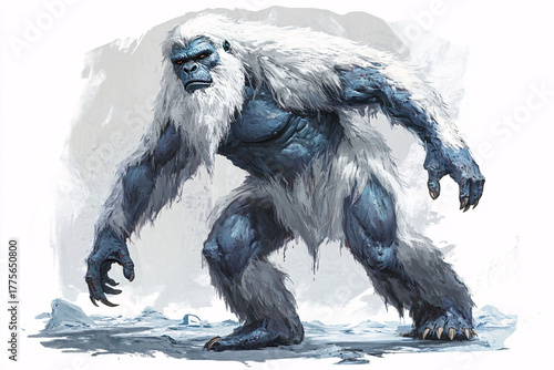 Illustration of a large yeti-like creature with blue skin and thick white fur, standing on an icy surface. The creature appears powerful and intimidating, with muscular limbs, sharp claws, and a fierc