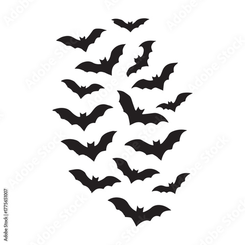 A swarm of black silhouette bats flying in a dynamic cluster against a white background
